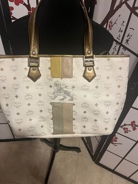 MCM White Logo Tote with Metallic Gold Handles and Multicolor Stripe
